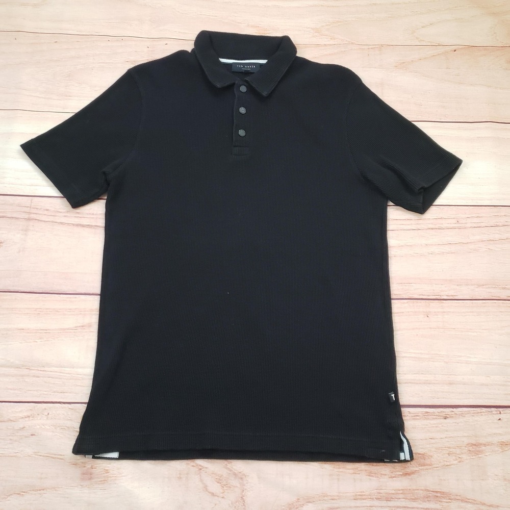 Ted Baker Polo Shirt Mens Medium Black Textured Knit Short Sleeve Stretch Casual